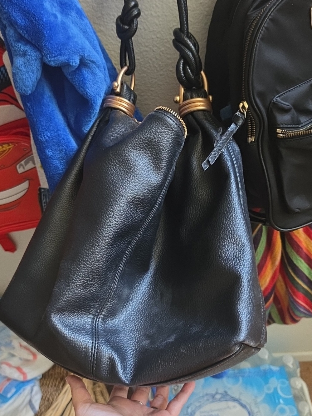 Black Leather Knot-Handle Shoulder Bag